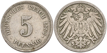 Германия 5 пфеннигов 1897 D KM 11, J. 12 медно-никель 4151-416