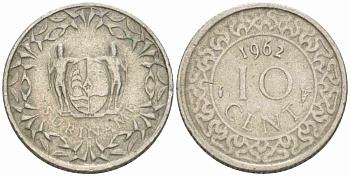 Суринам 10 центов 1962 KM 13 медно-никель 28-326