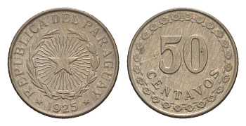 Парагвай 50 сентаво 1925 год-тип KM 12 медно-никель aUNC 4658-738