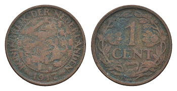 Нидерланды 1 цент 1917 Вильгельмина (1890-1948) KM 152 бронза 75-418
