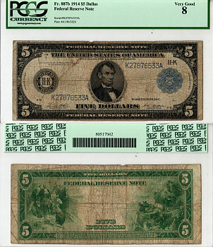 США, Federal Reserve Note 5 долларов 1914 Даллас. В слабе компании PCGS Currency. Сохранность - «8». Fr. 887B  бумага   452-1-195