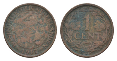 Нидерланды 1 цент 1917 Вильгельмина (1890-1948) KM 152 бронза 75-418