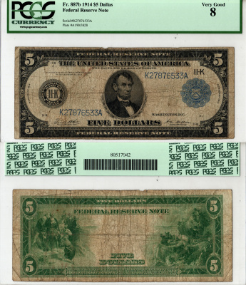 США, Federal Reserve Note 5 долларов 1914 Даллас. В слабе компании PCGS Currency. Сохранность - «8». Fr. 887B  бумага   452-1-195