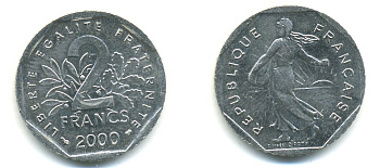 ФРАНЦИЯ 2 ФРАНКА 1993 ЖАН МУЛЕН KM 1062 никель 57-746