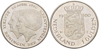 Нидерланды 1 гульден 1980 на коронацию Беатрикс, 30 апреля 1980 KM 200 никель 210-1235