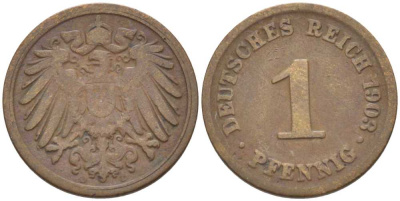 ГЕРМАНИЯ 1 ПФЕННИГ 1903 D KM 10, J. 10, Weege 2 медь 211-312