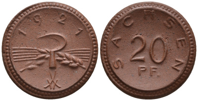 Саксония 20 пфеннигов 1921 колосья и серп J. N 53 фарфор UNC 1094-9-25