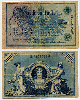 ГЕРМАНИЯ 100 МАРОК 1908 7 ФЕВРАЛЯ 1908, ЗЕЛЕНАЯ ПЕЧАТЬ, РЕПРИНТ (1918-1922) Pick 34 бумага 6317-9-2