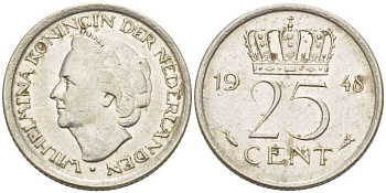 НИДЕРЛАНДЫ 25 ЦЕНТОВ 1948 ВИЛЬГЕЛЬМИНА (1890-1948) KM 177 никель 214-866