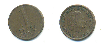Нидерланды 1 цент 1954 Юлиана (1949-1980) KM 180 бронза 83-922
