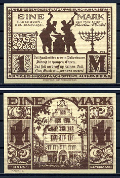 Падерборн (Вестфалия) 1 марка 1921 дом Леверманн DeNG 1/2 1043.7-4/5 картон UNC (пресс) 7556-2-4-2