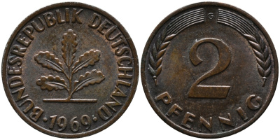 ФРГ 2 пфеннига 1969 G KM 106а, J.381а сталь плакированная медью 99-163
