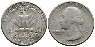 США 25 центов (квотер) 1977 D, Вашингтон KM 164a медь плакированная медно-никелем 4681-546