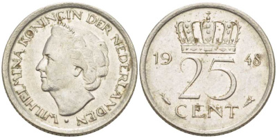 НИДЕРЛАНДЫ 25 ЦЕНТОВ 1948 ВИЛЬГЕЛЬМИНА (1890-1948) KM 177 никель 214-866