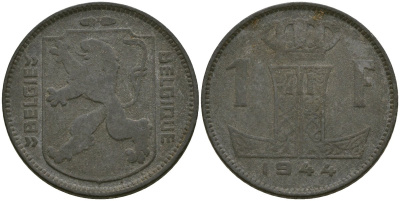 Бельгия 1 франк 1944 BELGI? - BELGIQUE KM 128 цинк 51-627