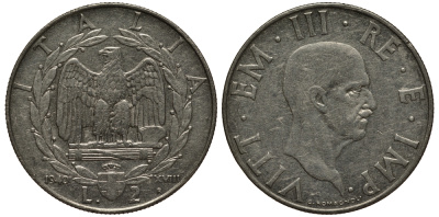 ИТАЛИЯ 2 ЛИРЫ 1940 ВИКТОР ИМАНУИЛ III, НЕ МАГНИТНАЯ KM 78a нержавеющая сталь 38-224