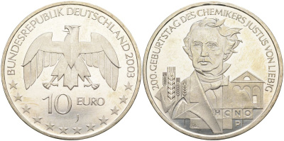ФРГ 10 евро 2003 J, 200 лет со дня рождения Юстуса фон Либиха KM 222, DE.S. 10.7 серебро PROOF 02-116-25