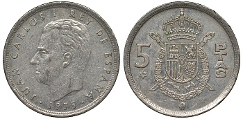 Испания 5 песет 1975 (79) Хуан Карлос I (1975-2014) KM 807 медно-никель 4128-1157
