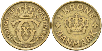 Дания 1 крона 1926 HCN; GJ, Кристиан X (1912-1947) KM 824.1 алюминиевая бронза 4587-1112