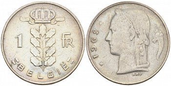 БЕЛЬГИЯ 1 ФРАНК 1962 BELGIE KM 143.1 медно-никель 68-535