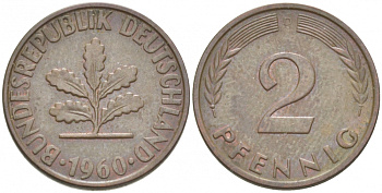 ФРГ 2 ПФЕННИГА 1960 D KM 106, J. 381 бронза 3955-629