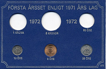 Швеция 5, 10, 25 эре 1972 Густав VI Адольф (1950-1973) в картоне набора монетного двора UNC 7-5-7-271