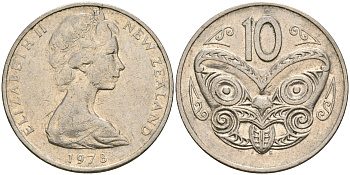 Новая Зеландия 10 центов 1978 Елизавета II (1952-2022), маска маори KM 41.1 медно-никель 4364-3521