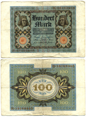 Германия 100 марок 1920 Бамбергский всадник, 7 цифр в номере Pick 69 a, Розенберг 67а  бумага 7457-37-2