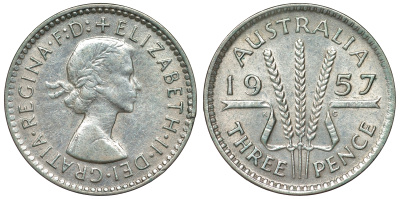 Австралия 3 пенса 1957 m, Елизавета II (1952-2022) KM 57 серебро 71-544