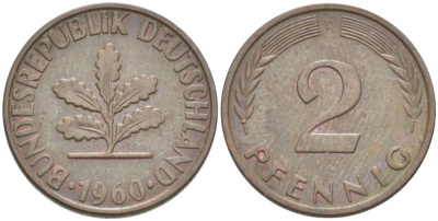 ФРГ 2 ПФЕННИГА 1960 D KM 106, J. 381 бронза 3955-629