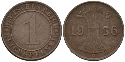 Германия 1 рейхспфенниг 1936 D KM 37, J. 313 бронза 4549-836