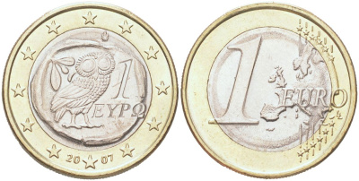Греция 1 евро 2007 KM 214 биметалл UNC 4126-736
