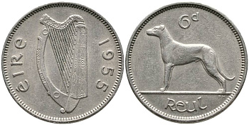 ИРЛАНДИЯ 6 ПЕНСОВ 1955 ИРЛАНДСКИЙ ВОЛКОДАВ KM 13а медно-никель 4525-1137