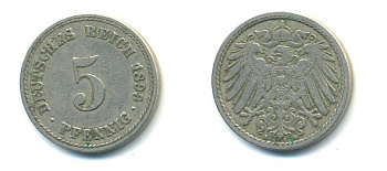 ГЕРМАНИЯ 5 ПФЕННИГОВ 1893 A, KM 11, J. 12 медно-никель 4379-366