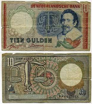 Нидерланды 10 гульденов 1953 Амстердам, 23 марта 1953, Гуго Гроций Pick 85 бумага 450-60-4-2