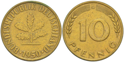 ФРГ 10 ПФЕННИГОВ 1950 G KM 108, J. 383 сталь плакированная латунью 219-425