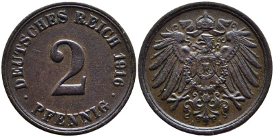 Германия 2 пфеннига 1916 A KM 16, J. 11, Weege 4 медь 4546-744