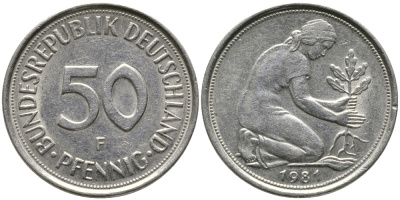ФРГ 50 ПФЕННИГОВ 1981 F KM 109.2, J. 384 медно-никель 96-1225