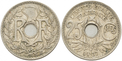 ФРАНЦИЯ 25 САНТИМОВ 1937 KM 867а медно-никель 4402-842