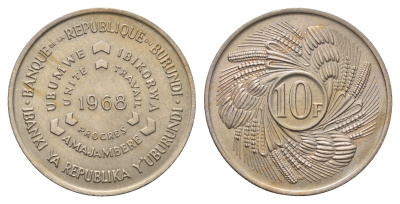 Бурунди 10 франков 1968 KM 17 никель латунь UNC 4675-1251