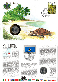 Восточные Карибы (Организация Восточно-карибских государств) 2 цента 1986 Сент-Люсия, в конверте с маркой (КПД - Конверт первого дня Гашения) KM 11 алюминий UNC 9002-49