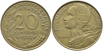 Франция 20 сантимов 1989 тип Marianne KM 930 алюминиевая бронза 65-1022