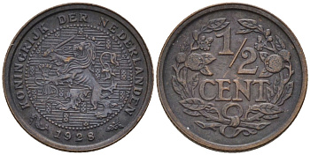 Нидерланды 1/2 цента 1928 Вильгельмина (1890-1948) KM 138 бронза 4588-951