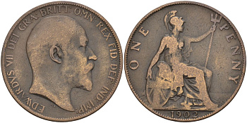 Великобритания 1 пенни 1902 Эдуард VII (1901-1910) KM 794.1, Sp 3990A бронза 4149-636