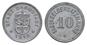 Дармштадт 10 пфеннигов 1919 Funck 88.3A, Men05 4934.6, Men18 6167.6 цинк 4659-342