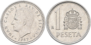 Испания 1 песета 1987 M, Хуан Карлос I (1975-2014) KM 821 алюминий 4402-617