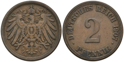 Германия 2 пфеннига 1907 А KM 16, J. 11 медь 4573-1113