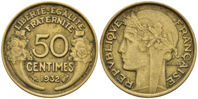 Франция 50 сантимов 1932 KM 894.1, Le Franc 192.15 алюминиевая бронза 4596-763