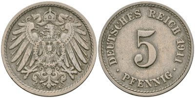 Германия 5 пфеннигов 1911 A KM 11, J. 12, Weege 6 медно-никель 08-1416