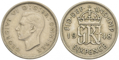 Великобритания 6 пенсов 1948 Георг VI (1936-1952) KM 862, Spink 4105 медно-никель 3955-213